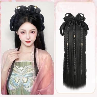 Imagem de Kopida Peruca feminina preta chinesa vintage acessórios de cabelo cosplay perucas longas e retas faixa de cabelo preta (estilo B)
