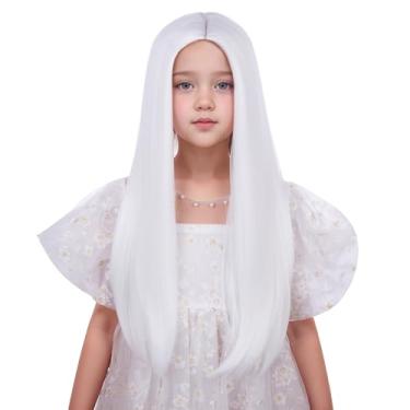 Imagem de Edivd Peruca branca para crianças, meninas, longa, branca, reta, para crianças, longa, parte média, perucas sintéticas resistentes ao calor com touca