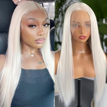 Imagem de COCOFANS Peruca de renda frontal platinada para mulheres, loira branca, longa, sedosa, lisa, sintética, sem cola, cabelo natural, uso diário, cosplay