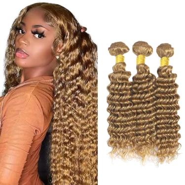 Imagem de Feixes de cabelo humano loiro mel cor 27 mechas de cabelo humano onda profunda grau 8A cabelo virgem brasileiro não processado 46 45 cm loiro onda profunda trama de cabelo