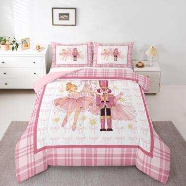 Imagem de Erosebridal Jogo de cama solteiro quebra-nozes, kawaii, bailarina, floco de neve dourado, edredom xadrez quadriculado branco para decoração de Natal e quarto de meninas