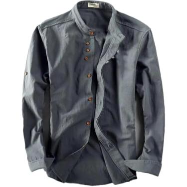 Imagem de Camisa De Linho De Algodão Masculina Formal Estilo Chinês Retrô Manga Comprida Gola Mandarim Camisa Casual Roupas De Conforto Macio, Dark Gray, XS
