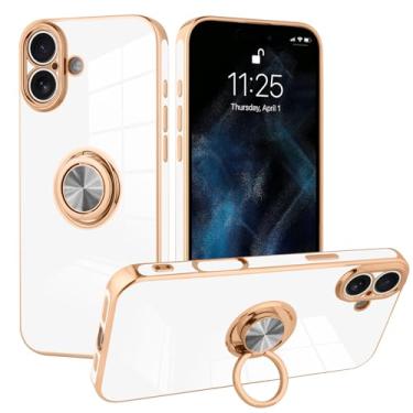 Imagem de KANGHAR Capa compatível com iPhone 17 com suporte de anel de telefone proteção total banhada a ouro rosa borda luxuosa capa com suporte projetada para iPhone 17 5G mulheres homens - branco antigo
