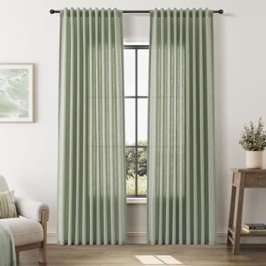 Imagem de Cortinas verde-claro de linho 213 cm de comprimento para sala de estar, 2 painéis, aba traseira, moderna, rústico, linho, transparente, semi leve, filtragem, privacidade, cortinas de janela elegantes