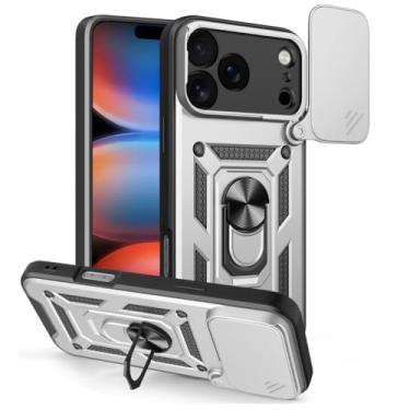 Imagem de HAOMRIYL Capa magnética para iPhone 17 Pro Max/17 Pro/Air/17, capa protetora de lente de cobertura total, capa rígida com suporte ajustável giratório, prata, 17 Pro