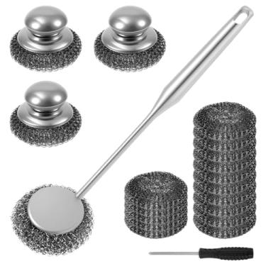 Imagem de O conjunto de 19 esfregões de lã de aço inclui 1 escova longa, 3 pincéis curtos, 15 almofadas substituíveis, 1 chave de fenda para limpar pratos, panelas, fornos, churrasqueiras, pias