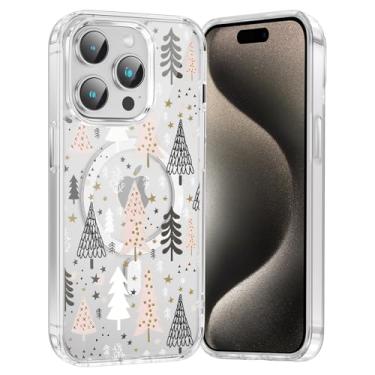 Imagem de RUMDEY Capa de celular Merry Christmas Tree para iPhone 15 Pro, capa magnética transparente de 6,3 polegadas, compatível com Magsafe, capa com design de padrão de inverno fofo à prova de choque macio