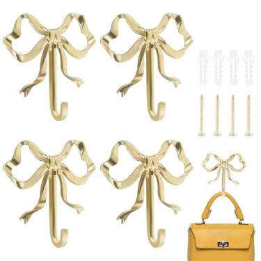 Imagem de Pacote com 4 ganchos de laço, ganchos de nó de laço dourado, gancho de arco de latão resistente, ganchos de porta de laço, multiuso, casaco, toalha, chave, decoração de parede para banheiro, cozinha