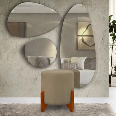 Imagem de Puff Decorativo Principe Redondo Pes Madeira Tecido Veludo Bege