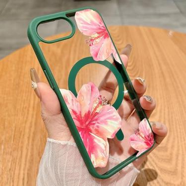 Imagem de HYUEKOKO Capa magnética para iPhone 16e [compatível com MagSafe] Linda estampa de flor de hibisco moderna para o verão havaiano, capa protetora translúcida à prova de choque para meninas e mulheres