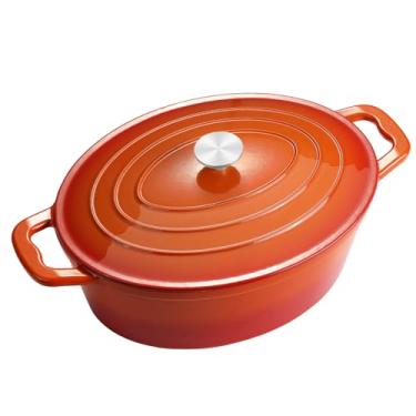 Imagem de Panela de forno holandês oval esmaltada com tampa, forno holandês de ferro fundido de 8 litros com duas alças para cozinhar, assar pão, fritar, forno revestido de esmalte antiaderente (laranja de 8 QT
