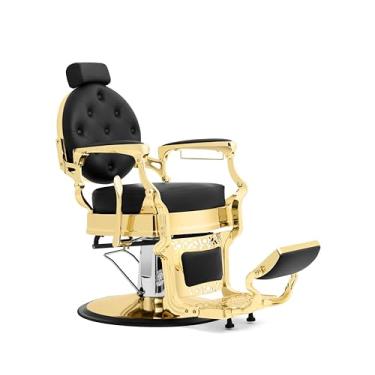 Imagem de BNSNY Cadeira de barbeiro vintage para salão de barbearia, cadeira hidráulica, reclinável, para todos os fins, com apoio de cabeça, base resistente, altura ajustável (ouro)