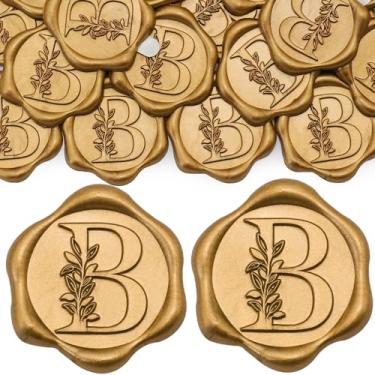Imagem de SWANGSA Pacote com 200 adesivos de lacre de cera letra B, folhas botânicas douradas antigas com letras iniciais, adesivos de cera autoadesivos para envelopes de convite de festa de casamento