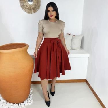 Imagem de Saia Midi Godê Moda Evangélica Feminina - Miss Flower, Terracota, M
