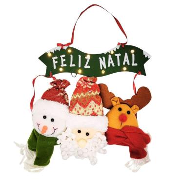 Imagem de Placa Iluminada LED Feliz Natal Trio Pelúcia Papai Noel, Boneco de Neve e Rena 25cm - Master Christmas