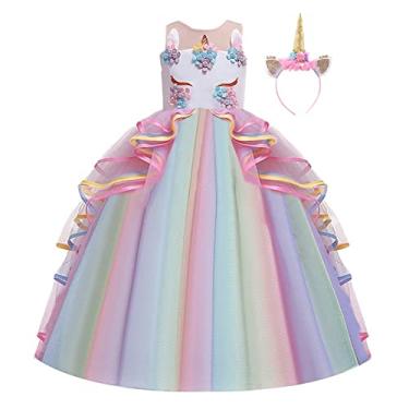 Imagem de Fantasia de unicórnio FMYFWY para meninas, aniversário, concursos, festas, Halloween, Natal, sem mangas, vestido longo de tule com tiara, Multicolored, 4-5T