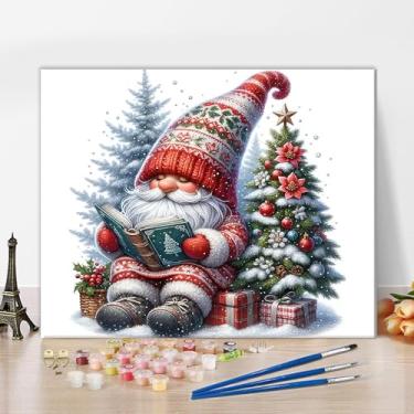 Imagem de Pintura fácil sem moldura por número Gnomo para adultos, kit de tinta acrílica como presente para meninos e meninas, decoração de casa, faça você mesmo, Papai Noel com um livro e uma árvore de Natal