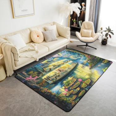 Imagem de Tapete de área infantil de sapo de desenho animado, navio castelo, lagoa de verão, folha de lótus, tapete de entrada para meninas e meninos, tapete antiderrapante sonhador do mundo das princesas