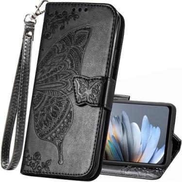 Imagem de Capa carteira para T-Mobile REVVL 8 Pro 5G, capa protetora de couro PU flip alça de pulso compartimentos para cartão bolso em relevo borboleta flor suporte capa para T-Mobile REVVL 8 Pro 5G preto