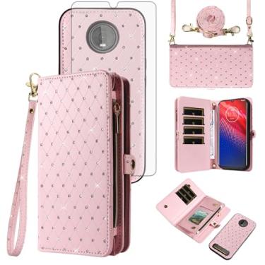 Imagem de Asuwish Capa de celular para Moto Z4/Moto Z 4 Play/MotoZ4 Force Zipper carteira celular com alça protetora de tela com glitter flip compartimento para cartão Motorola 4Z Motoz4Cases MotoZ4Play
