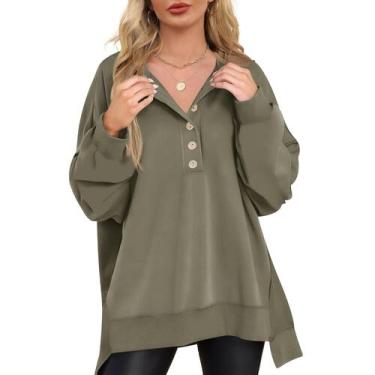 Imagem de Moletom feminino Kistore, sem capuz, botão, decote em V, verde militar