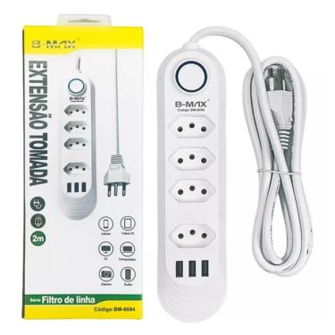 Imagem de Filtro de linha e extensão 4 tomadas + 3 USB  c/ cabo 2 mt