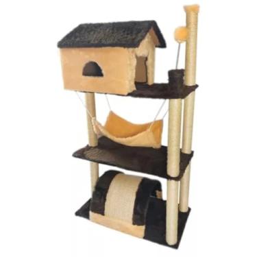 Imagem de Arranhador Para Gatos 3 Andares Com Casinha Rede Poste Toca Brinquedo Antiestresse (CREME COM PRETO)