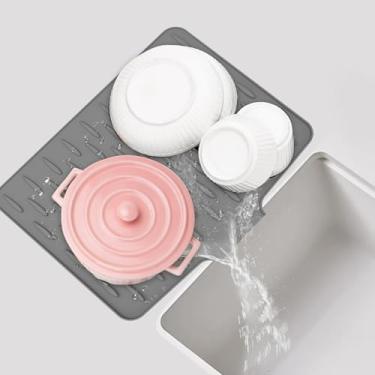 Imagem de Tapete de secagem de pratos de silicone para balcão de cozinha – Tapete de pia resistente ao calor de 39,9 cm x 30,5 cm com ralo embutido, almofada de secagem antiderrapante (cinza)