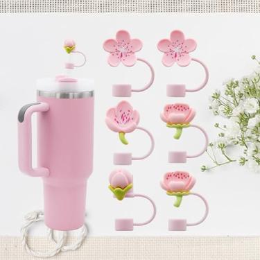 Imagem de Meitesti Capa de palha de flor de pêssego para copo Stanley, topo de palha fofo, 10 mm, 6 unidades, silicone, personalizável, 6 peças rosa