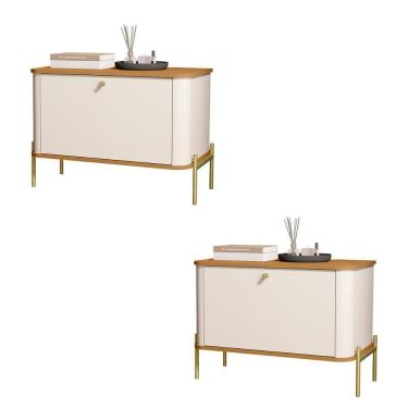 Imagem de Kit 2 Mesa De Cabeceira Quarto Tucupí 1 Porta E Pés De Metal Off White-Nature-Dourado