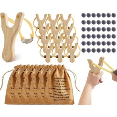 Imagem de Bornerwhite 12 conjuntos de kit de estilingue de madeira David e Golias jogo de estilingue de escola dominical com bolsa de cordão da Bíblia para decoração de festa de história da Bíblia, presente de