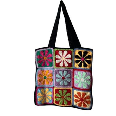 Imagem de Bolsa de crochê feita à mão – Bolsa de ombro quadrada colorida | Bolsa de malha boho, bolsa retrô floral de crochê para mulheres