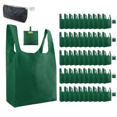Imagem de BeeGreen Sacolas de compras reutilizáveis verdes de Natal verde escuro reutilizáveis sacos de cozinha a granel com elástico dobrável - lavável na máquina com zíper bolsa de armazenamento 50 pacotes