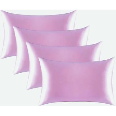 Imagem de Conjunto de fronhas de cetim para cabelo e pele, pacote com 4 com fecho de envelope, fronhas refrescantes (4, roxo, Queen (50 x 76 cm))