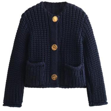 Imagem de Suéteres de cardigã Flygo Cropped para mulheres Cable Knit Navy