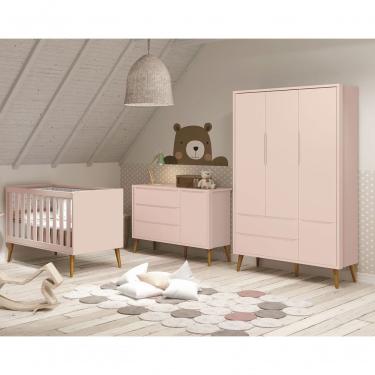 Imagem de Jogo De Quarto Para Bebê Completo 3 Portas Théo New Rosa Fosco Com Madeira - Moveisaqui