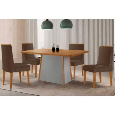 Imagem de Conjunto Sala de Jantar Tilia c/ Tampo Madeirado Canto Curvo 120x80cm e 4 Cadeiras Dakota Madeira Maciça Naturale/Off White - Capuccino/Suede Marrom-R