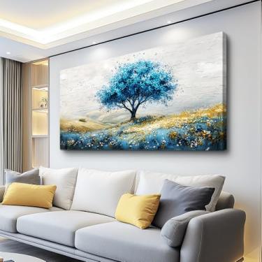 Imagem de PHAOHUAXM Arte de parede em tela para sala de estar decoração de parede grande para quarto árvore azul paisagens pinturas de parede decorações de escritório quadros de parede de casa de fazenda