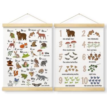 Imagem de Conjunto de 2 pôsteres do alfabeto do número de animais da floresta, pôsteres ABC para crianças com molduras de madeira, pôsteres de aprendizagem para crianças de 1 a 3 anos, decoração de parede de