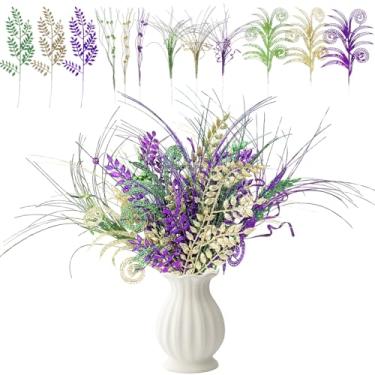 Imagem de LAIAMER 24 peças de mesa de centro de mesa de carnaval Mardi Gras 43 cm enfeites de topo de árvore carnaval roxo verde ouro baga caules artificiais glitter baga decoração