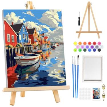 Imagem de RICUVED Kit de pintura por números para adultos iniciantes emoldurado com cavalete de madeira, kits de pintura por número para adultos à beira-mar em tela, pintura a óleo acrílica fácil DIY por