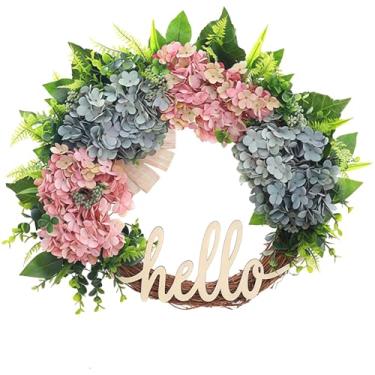 Imagem de Guirlanda floral de 45 cm/45.0 cm, design de primavera feito à mão e flor de seda azul, base de videira natural, decoração vintage meia redonda interna e externa