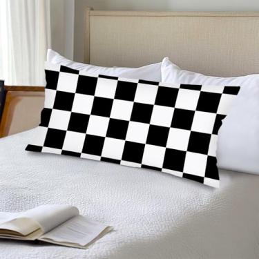 Imagem de Capas de almofada lombar preta e branca 50 x 101 cm xadrez xadrez longo para cama, fronha king size com fecho de envelope, capa de almofada decorativa de tabuleiro de xadrez esportivo de corrida de