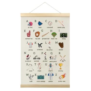 Imagem de Moldura de cabide de pôster do alfabeto de beisebol, impressões de arte esportiva de beisebol, tela educativa, decoração de parede com bandeira para decoração de parede para sala de jogos, sala de