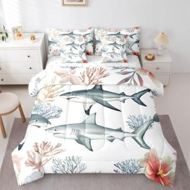 Imagem de Erosebridal Jogo de cama de casal tubarão coral com 7 peças, animais marinhos, oceano, decoração de quarto