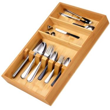 Imagem de Organizador de gaveta de madeira versátil para utensílios de cozinha, talheres e muito mais, design de vários compartimentos para armazenamento fácil