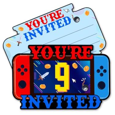 Imagem de QYCFDXD Convites de preenchimento de festa de aniversário de videogame, jogos de 9º aniversário, decorações de festa de videogame, lembrancinhas para meninos e crianças, 20 convites com envelopes