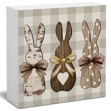 Imagem de FLVGE Decoração de Páscoa, decoração de placa de caixa de madeira de coelho, decoração rústica de bandeja em camadas de Páscoa, placa de centro de mesa decorativa de coelho de fazenda para festa,