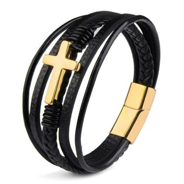 Imagem de Pulseira masculina de couro cruzada, punho trançado de vários fios com fecho seguro, joia de fé cristã para ele., One Size, Material misto, Sem Pedra Preciosa