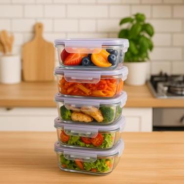 Imagem de Kit 5 Potes De Vidro Hermético 640ml 4 Travas Livre De BPA (Cinza)